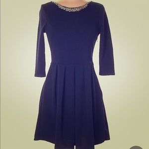 Embellished neckline cocktail dress, a-line, navy
